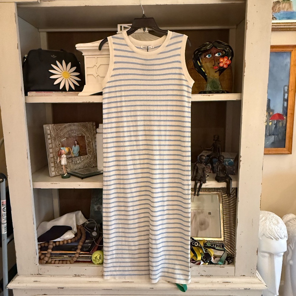 Brave + True Small S squad striped ribbed midi dress ecru blue nwt - Picture 4 of 7